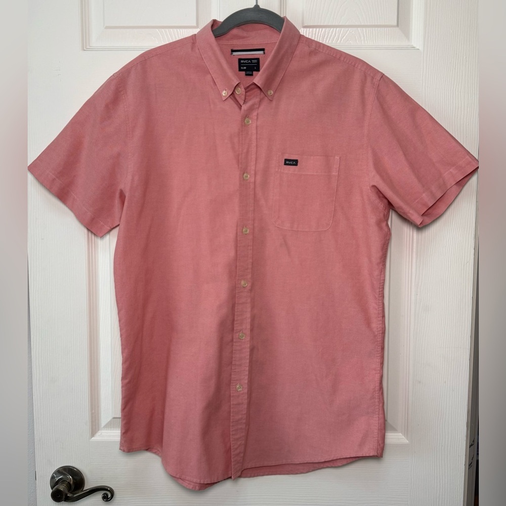RVCA Men's Short Sleeve Pink Button-Down Shirt